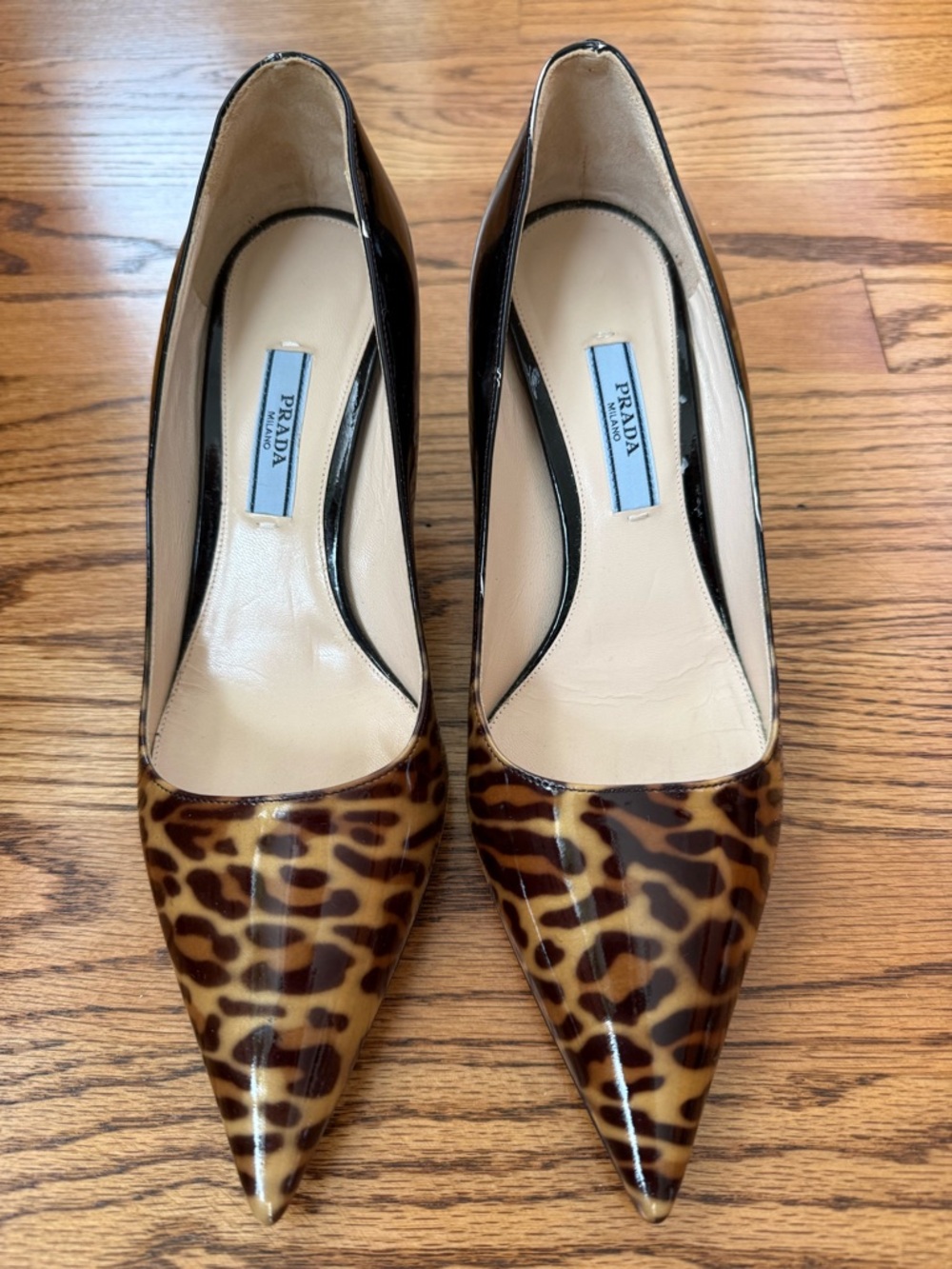 Prada Leopard Patent Pointed-Toe Pumps - Brown and Black - Made in Italy